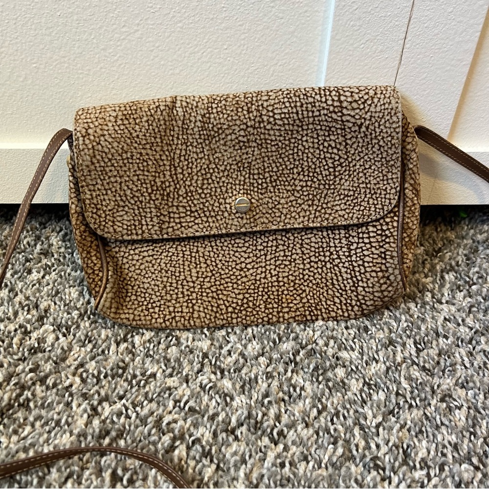 Borbonese Redwall Brown Leather Made In Italy Vintage Top Zip Crossbody Purse‎